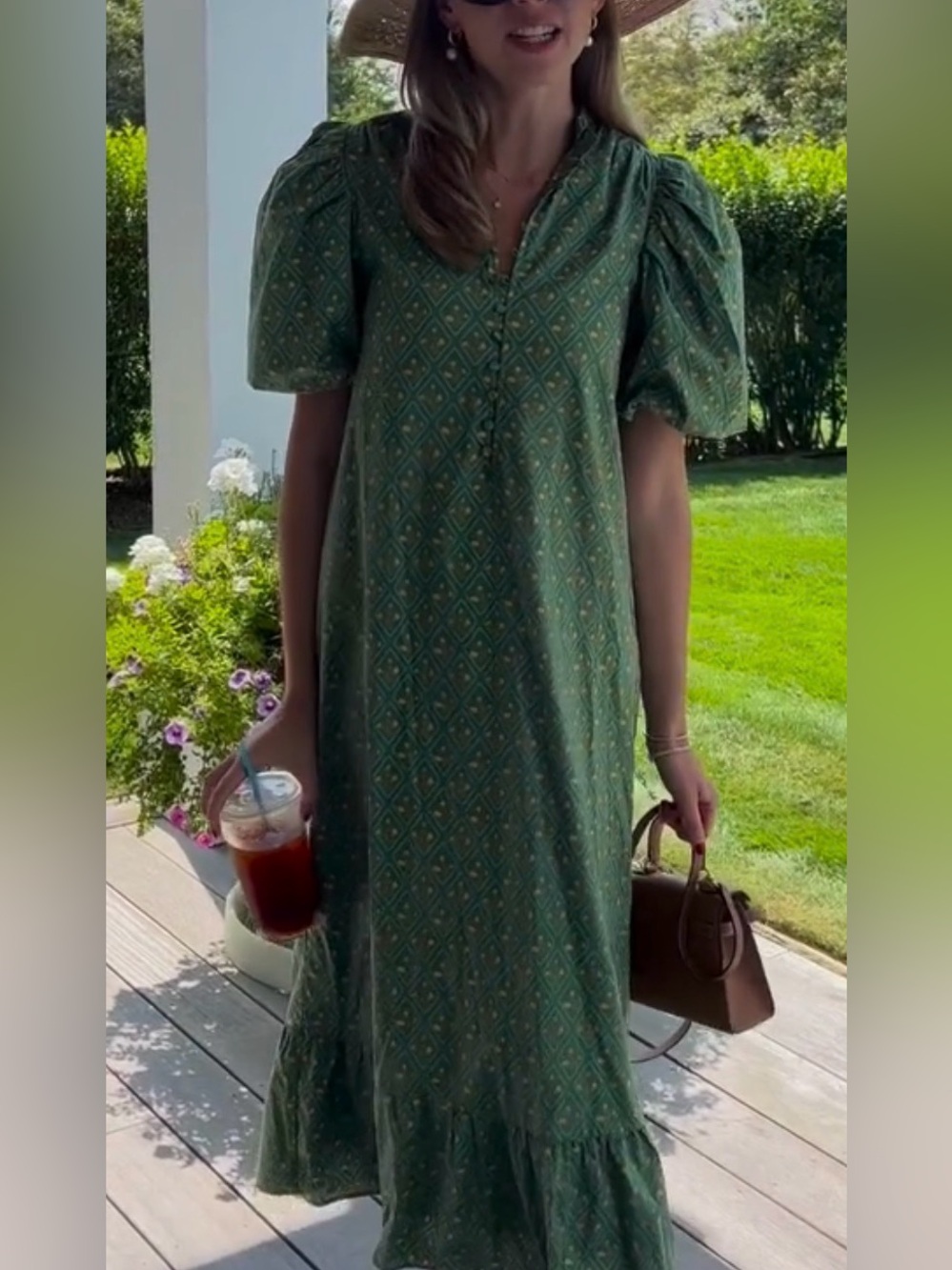 Hyacinth House Green Diamond Floral Mimi  Midi Dress Sz XL Boho Puff Sleeve